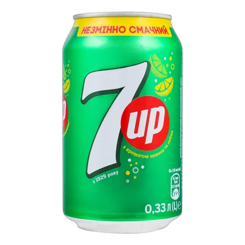 Напій безалкогольний сильногазований з ароматом лимона і лайма 7Up з/б 0.33л
