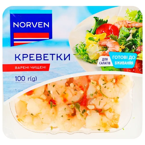 Креветки Norven варені чищені в олії зі спеціями, 100 г