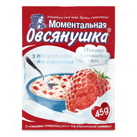 Каша вівсяна Вівсянушка з цукром полуницею і вершками швидкого приготування 45г