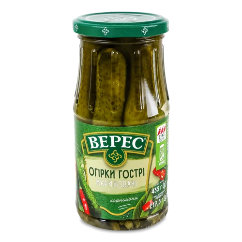 Огірки Гострі Мариновані Стерилізовані Верес, Скляна Банка 435г