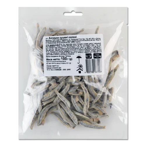 Анчоуси Сушені Солоні Вищого Ґатунку, з/б 100г