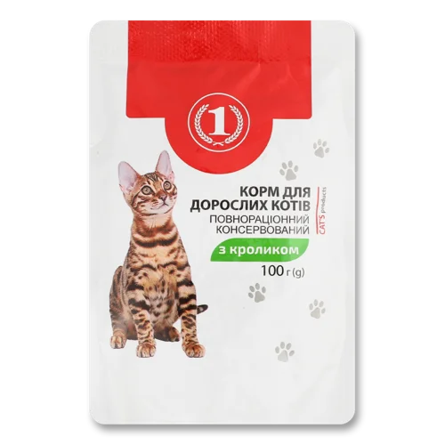 Корм Консервований Повнораційний Для Дорослих Котів З Кроликом, ТМ "1", В/ґ, 100г