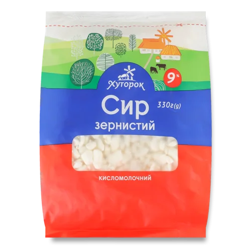 Кисломолочний Сир Вищого Ґатунку 9% зернистий Хуторок, м/у 330г