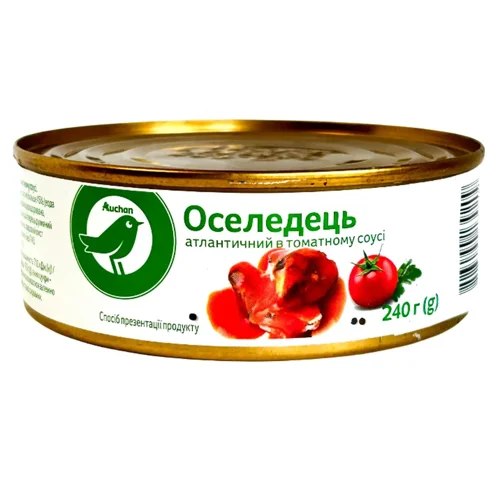 Оселедець Auchan атлантичний в томатному соусі з/б 240г