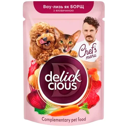 Корм вологий Delickcious Chef's Menu Борщ з яловичиною для котів та собак 85г