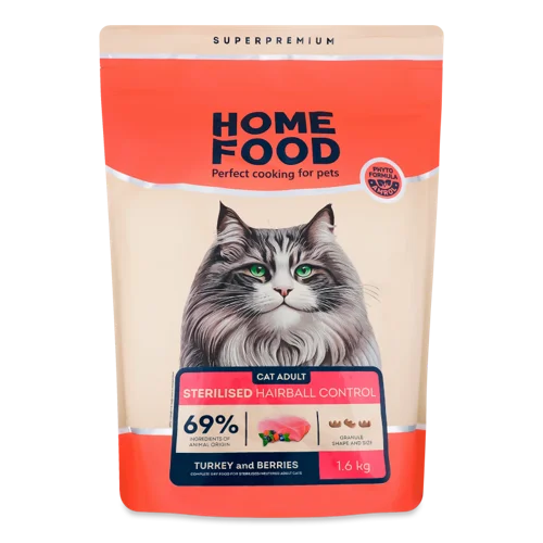 Корм для Дорослих Стерилізованих Котів Hairball Control Індичка та Ягоди, сухий, 1,6 кг, Home Food