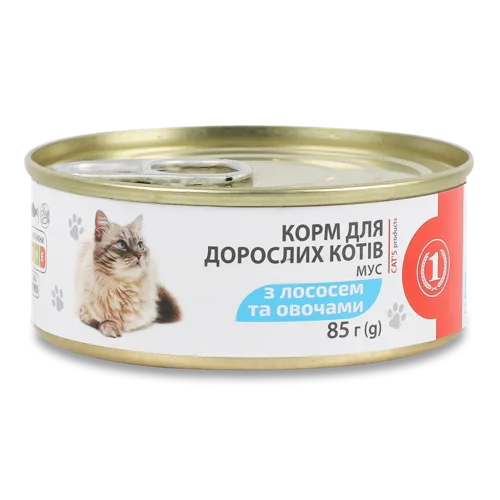 Корм Консервований Повнораціонний Для Дорослих Котів Мус З Лососем Та Овочами, з/б 85г