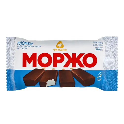 Морозиво 12% пломбір глазурований на паличці Моржо Три ведмеді м/у 4x80г