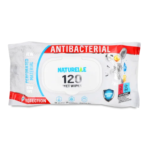 Вологі Серветки з Д-пантенолом, Іонами Срібла та Вітаміном Е Antibacterial Naturelle, 120шт