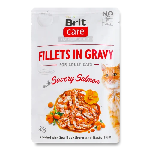 Вологий Повнораціонний Беззерновий Корм для Дорослих Кішок, Fillets in Gravy з Лососем, Care Brit, 85г