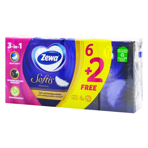 Хустинки паперові Zewa Softis Original 4-шарові 8*9шт