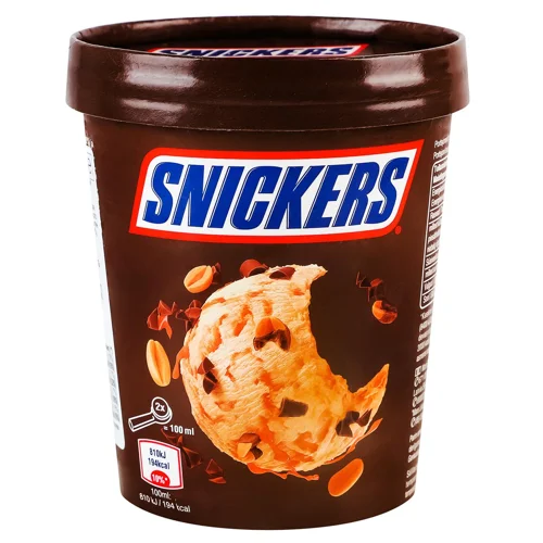 Морозиво Sniсkers з арахісовою пастою, карамеллю, шматочками чорного шоколаду і арахісом у молочному шоколаді 335г