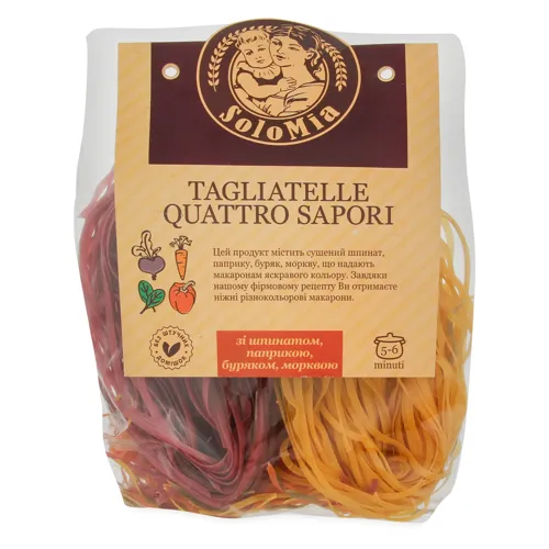 Макаронні вироби SoloMia шпинат, паприка, буряк, морква 500г х24
