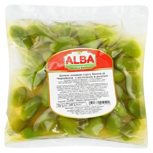 Оливки Alba Food зелені сорту Белла ді Черінйола з кісточкою в розсолі 250г