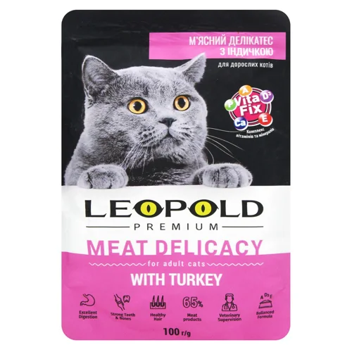 Корм вологий Leopold Premium М'ясний делікатес з індичкою для котів 100г