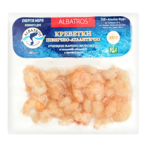 Креветки очищені Північно-Атлантичні Albatros вищого ґатунку в упаковці 200г