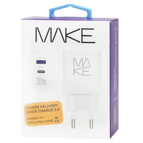 Зарядний пристрій Make Type-C PD+USB QC3.0 30W білий