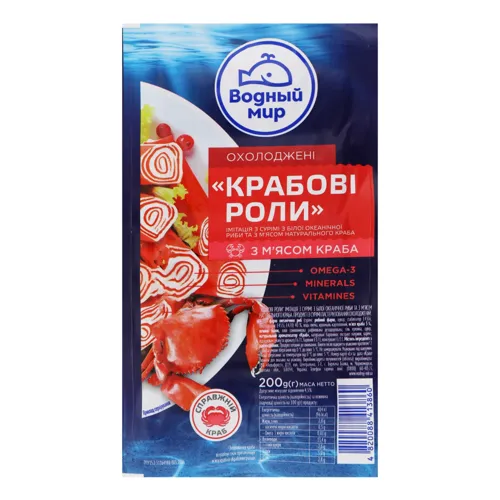 Продукт із сурімі з м'ясом краба Крабові роли Водный мир м/у 200г