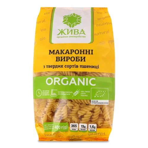 Вироби Макаронні Органічні Спіральки з Твердих Сортів Пшениці, натуральна оболонка, 400г