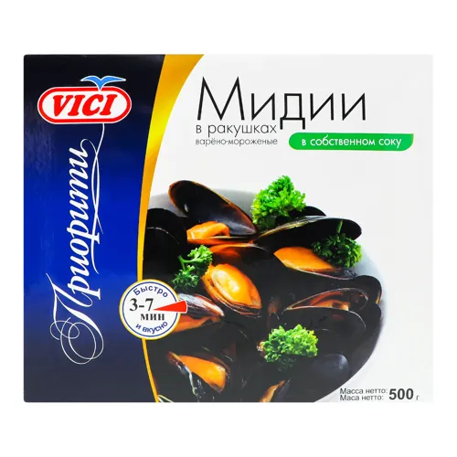 Мідії в мушлях у власному соку Vici вищого ґатунку 500г