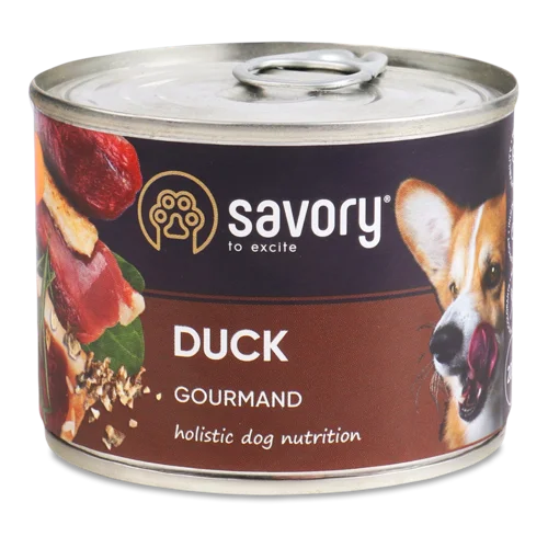 Корм Консервований Повнораціонний Для Дорослих Собак Duck Gourmand Savory з/б 200г