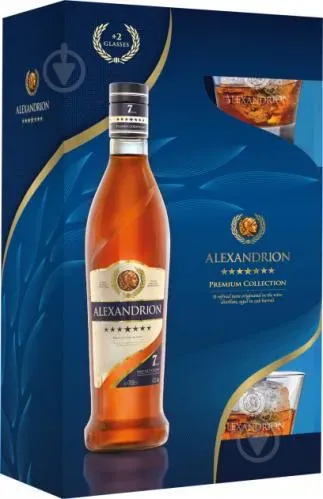 Напій алкогольний ALEXANDRION 7* 0,7л у коробці із 2 склянками