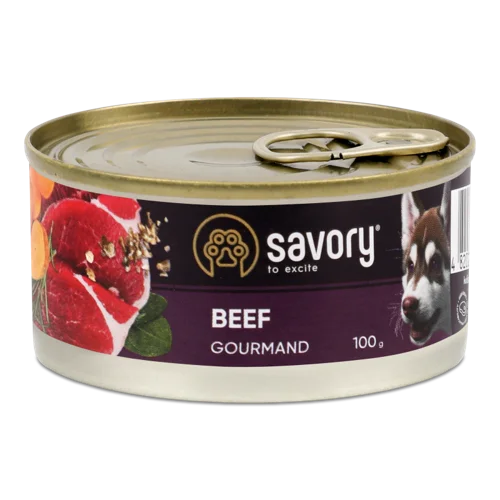 Корм Консервований Повнораціонний Для Дорослих Собак Beef Gourmand Savory з/б 100г