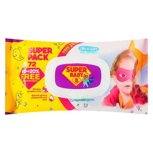 Серветки вологі Super Baby Ромашка та алое вера 72шт
