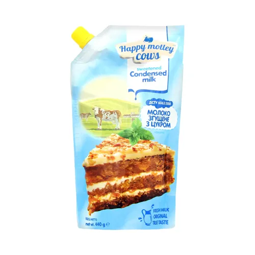 Молоко згущене з цукром нежирне дой-пак 440гр 1х20 шт ТМ Happy Motley Cows