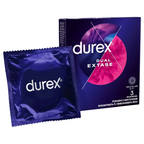 Презервативи Durex Dual Extase латексні з силіконовою змазкою рельєфні з анестетиком Зшт