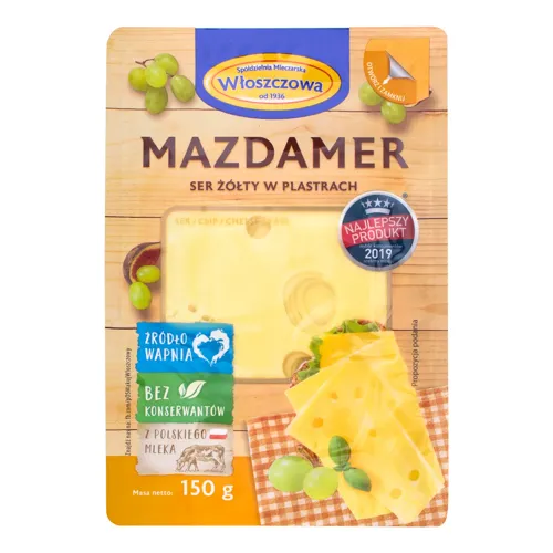 Сир 45% сичужний твердий нарізний Маздамер Wloszczowa лоток 150г