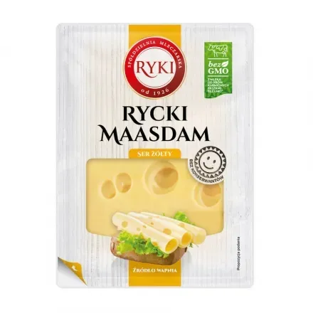 Сир напівтвердий 135г Ryki Маасдам пластинками 45% фас газ/упак
