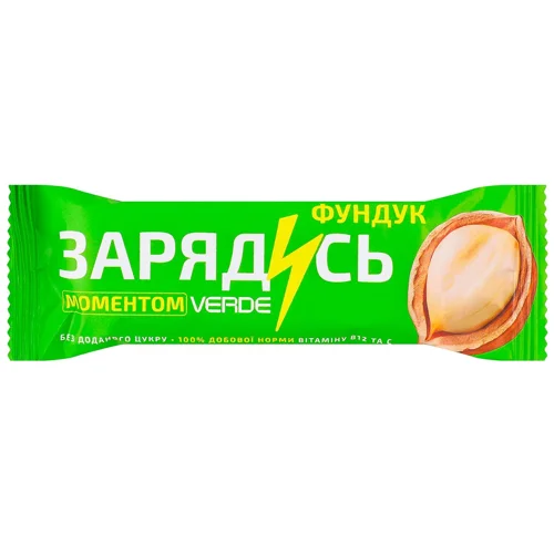 Батончик Verde Зарядись моментом з вітаміном В12, фундуком та чорним шоколадом 30г