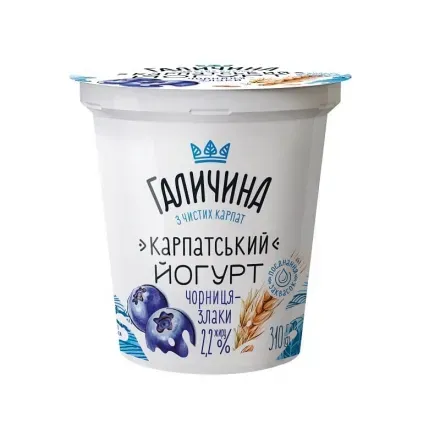 Йогурт 310г Галичина Чорниця - Злаки 2,2% п/стакан