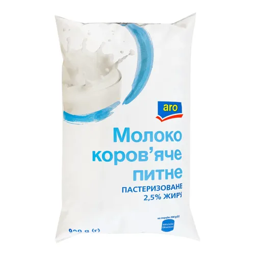 Молоко 2.5% коров'яче питне пастеризоване Aro м/у 900г