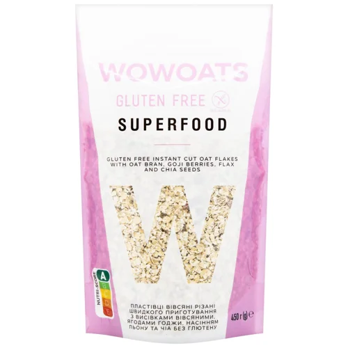 Пластівці вівсяні Wowoats Superfood швидкого приготування різані з ягодами годжі та насінням льону без глютену 450г