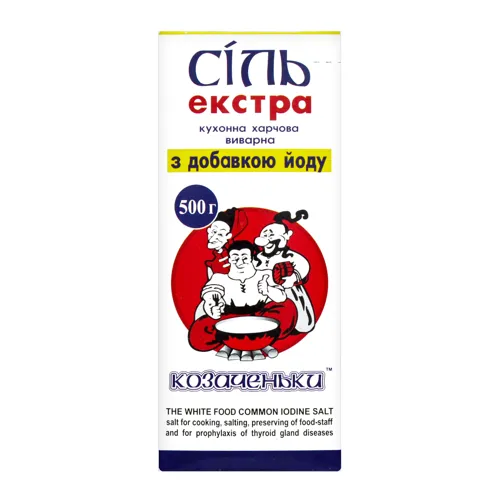 Сіль кухонна харчова екстра виварювальна з добавкою йоду Козаченьки к/у 500г