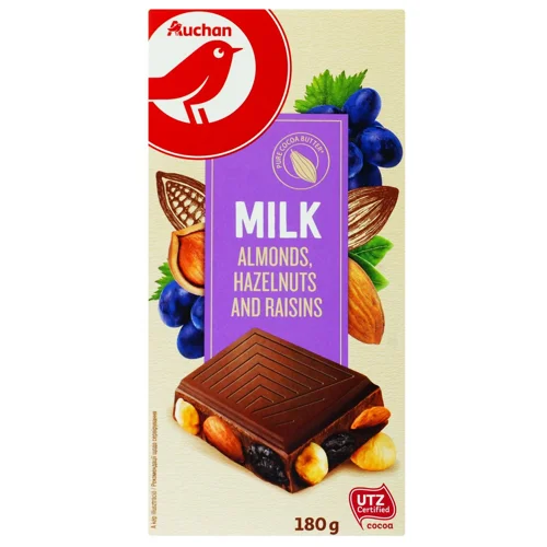 Шоколад молочний Auchan з мигдалем родзинками та фундуком 180г