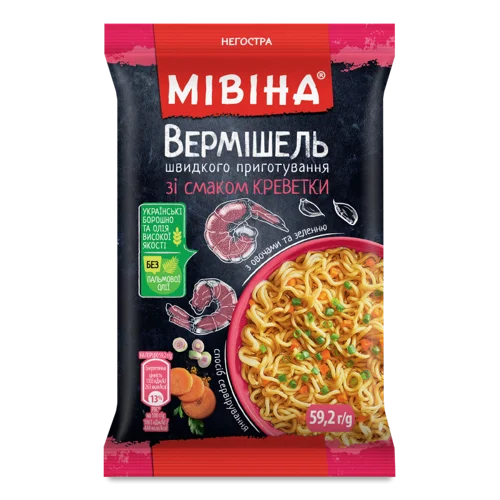 Вермішель Швидкого Приготування З Смаком Креветки З Овочами Та Зеленню, Негостра, Мівіна, м/у 59.2г