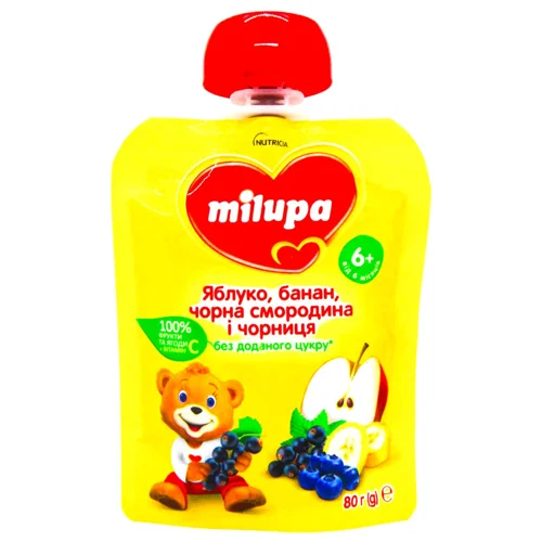 Пюре Milupa Яблуко, Банан,Чорна Смородина і Чорниця для дітей з 6 місяців 80г