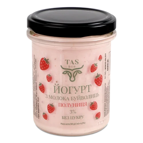 Йогурт З Молока Буйволиць Полуниця TASbio, Скляна Банка, 3% Жиру, 180г