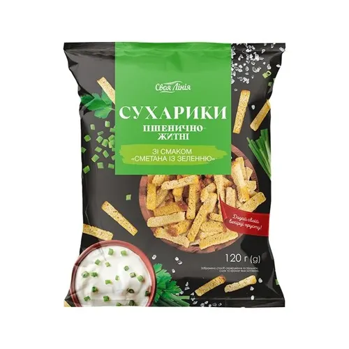 Сухарики Своя лінія пшенично-житні зі смаком сметани із зеленню м/уп 120г