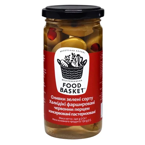 Оливки зелені Food basket Халкідікі фаршировані червоним перцем 260г