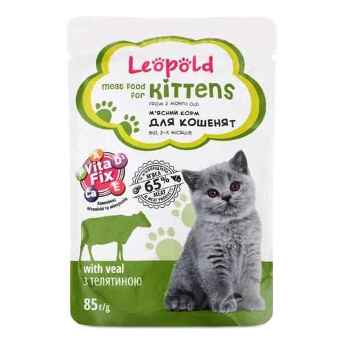 Корм Консервований М'ясний Для Кошенят З Телятиною Leopold, В/ґ, Залізна Банка, 85г