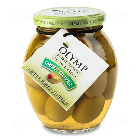 Оливки Olymp зелені фаршировані перцем без кісточки, 360г