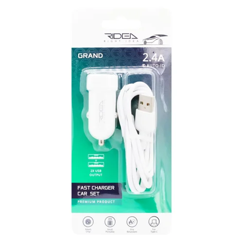 Зарядний пристрій автомобільний Ridea Grand 2хUSB 2.4A + кабель Type-C