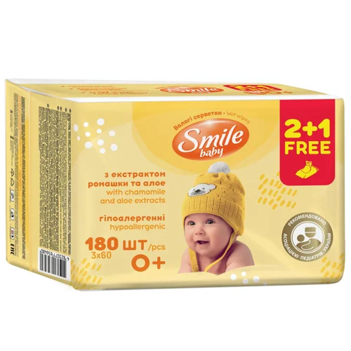 Серветки вологі Smile Baby Екстракт ромашки та алое мультипак 180шт