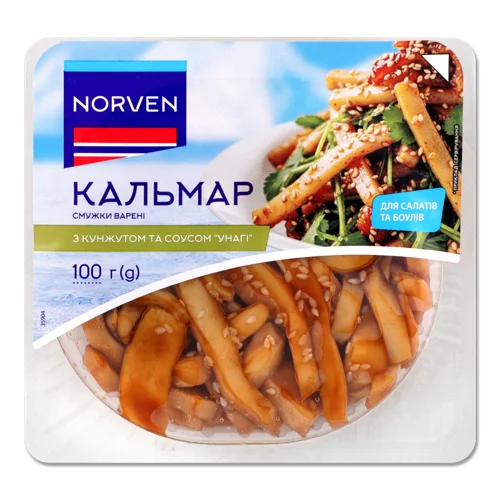 Кальмар Варений Смужки з Кунжутом та Соусом Унагі, Лоток 100г