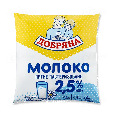 Молоко пастеризоване «Добряна» 2,5% п/е, 450г