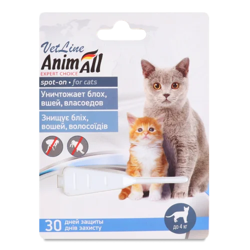 Краплі для Зовнішнього Застосування для Котів до 4 кг VetLine AnimAll 0.5мл, в/ґ